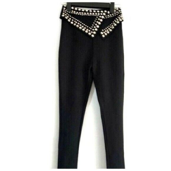 Pants - Black Stud Fold Over Waist Stretch Pants